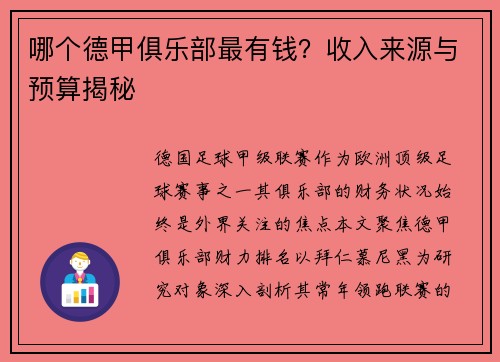 哪个德甲俱乐部最有钱？收入来源与预算揭秘
